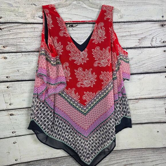 DR2 Coral Boho Print V-Neck Hanky Hem Tank M - Picture 9 of 11